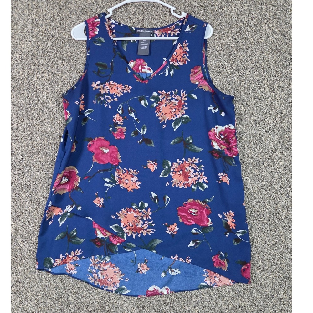 Chelsea & Theodore Floral Blouse Women Large Navy Pink V-Neck Sleeveless